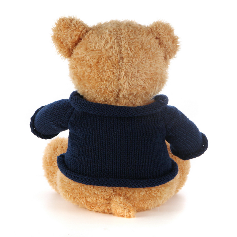 One of a kind brown teddy bear in a striped sweater